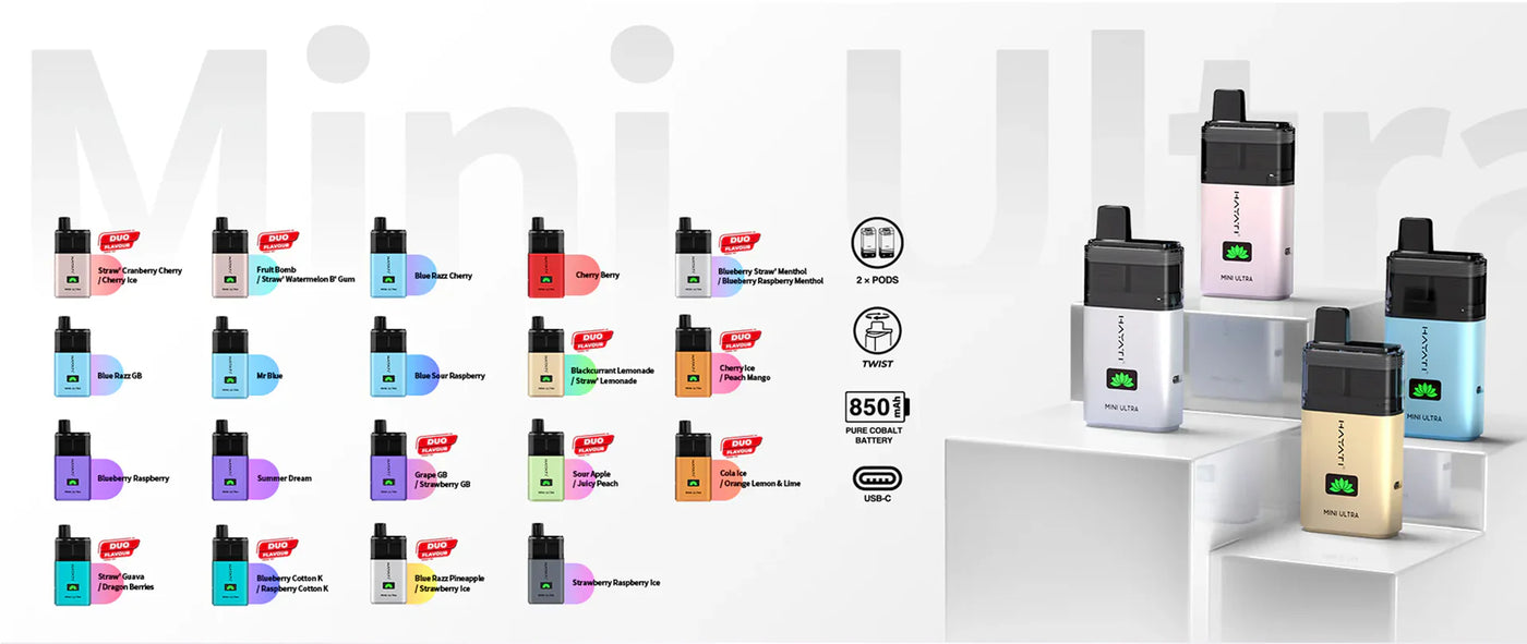 Available Hayati Mini Ultra 1500 Prefilled Pod Kit Flavours