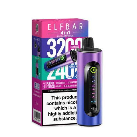 Shop Elf Bar 4 - in - 1 3200 Prefilled Pod Kit - Elf Bar 4 - in - 1 3200 Prefilled Pod Kit Box of 5 - Purple Edition - vapeukwholesale - Vape Blaze